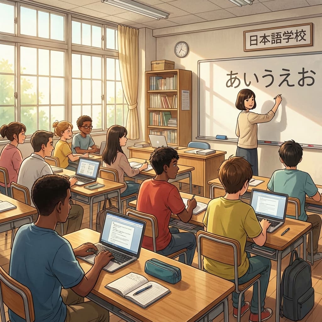 Illustration of a Japanese language school classroom