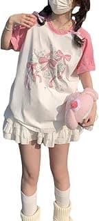 Kawaii Oversized T-Shirt Cute Pink Anime Shirt Japanese Harajuku Patchwork Tee Cartoon Print Loose T