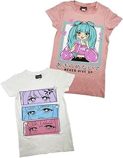 MISS POPULAR Girls 2-Pack Anime Japanese Art Print Super Soft Short Sleeve T-Shirts Cute Design| Siz
