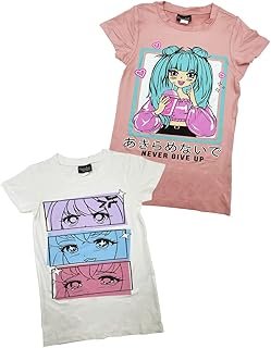 MISS POPULAR Girls 2-Pack Anime Japanese Art Print Super Soft Short Sleeve T-Shirts Cute Design| Siz