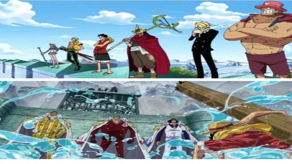 The Straw Hats standing on the bridge, declaring war on the World Government