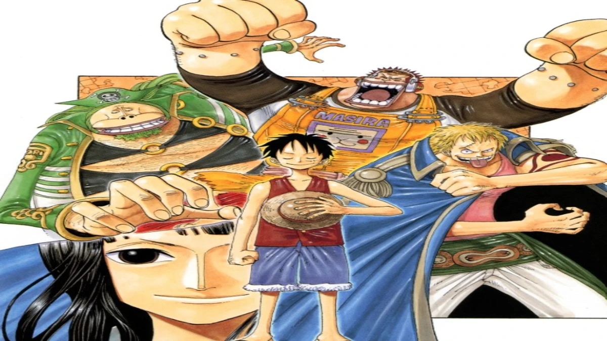 Luffy and Bellamy facing off in the tavern, with Blackbeard watching