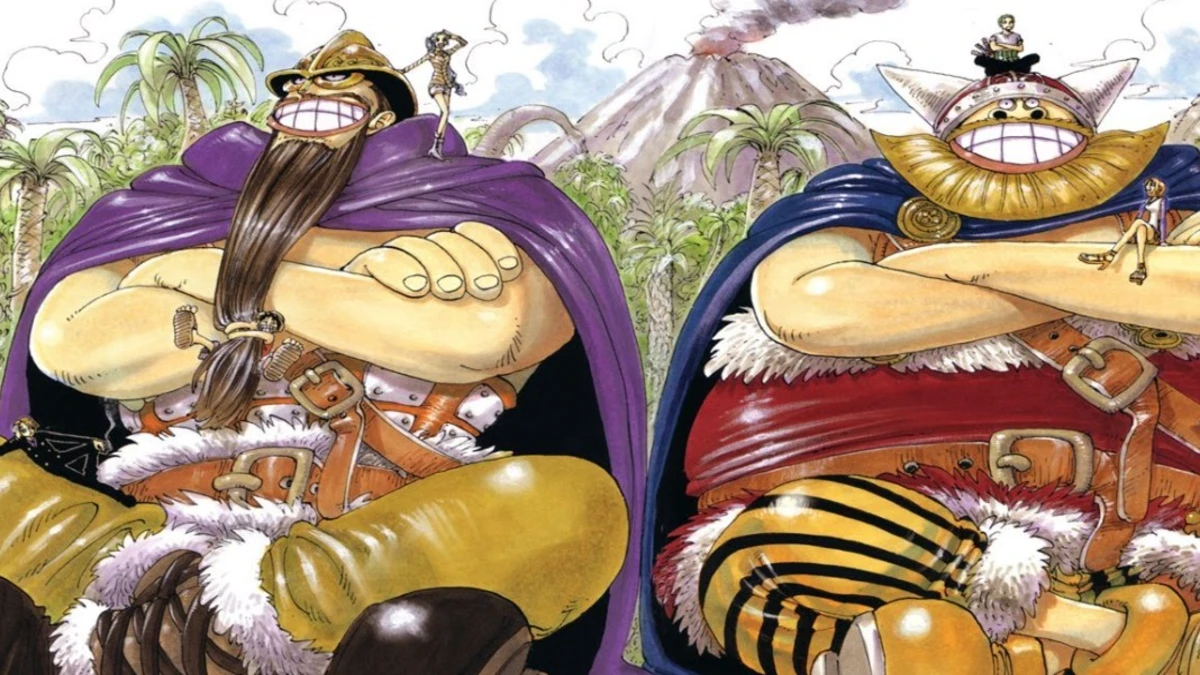 Dorry and Brogy, the giant warriors, standing amidst dinosaurs