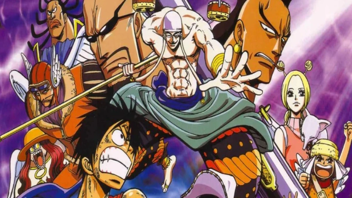 Luffy delivering the final blow to Enel with the golden ball attached to his arm