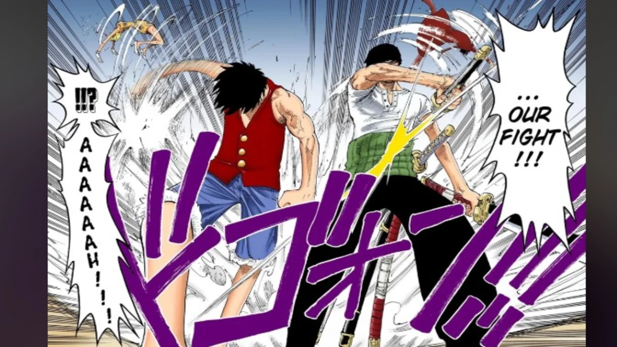 Zoro surrounded by defeated Baroque Works agents, swords drawn
